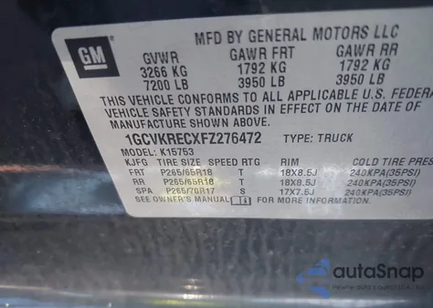 2015 Chevrolet Silverado 1500 1Lt from USA, damaged, VIN 1GCVKRECXFZ276472